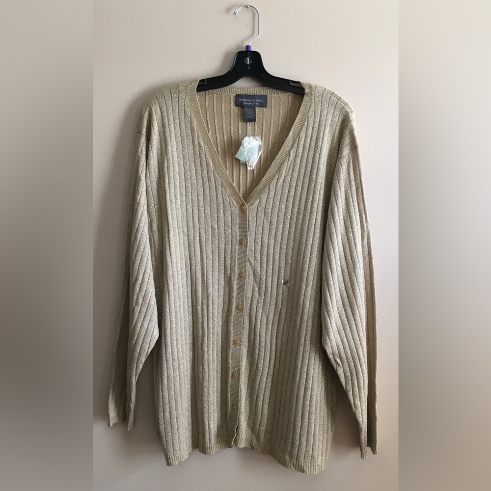 Tan and Gold Cable-Knit Cardigan Sweater